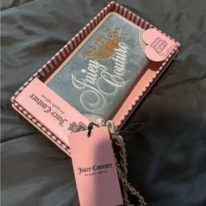 Juicy Couture Dusty Blue Velvet Zip Wallet with Gold Chain & Pink Tag